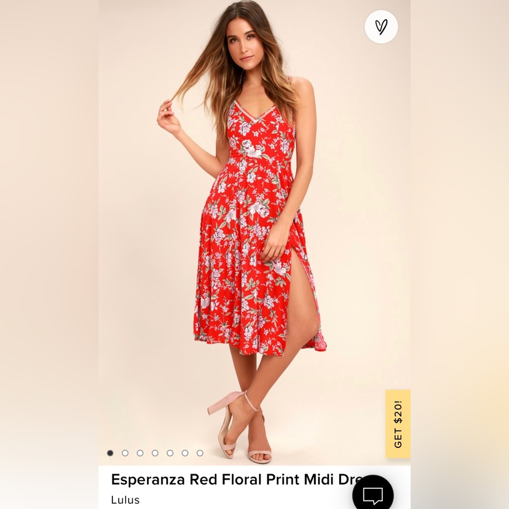 Lulu’s red floral Esperanza midi dress with slit, size medium